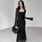 Damen elegantes Spitzenkleid mit langem Arm und figurbetontem Schnitt R&B