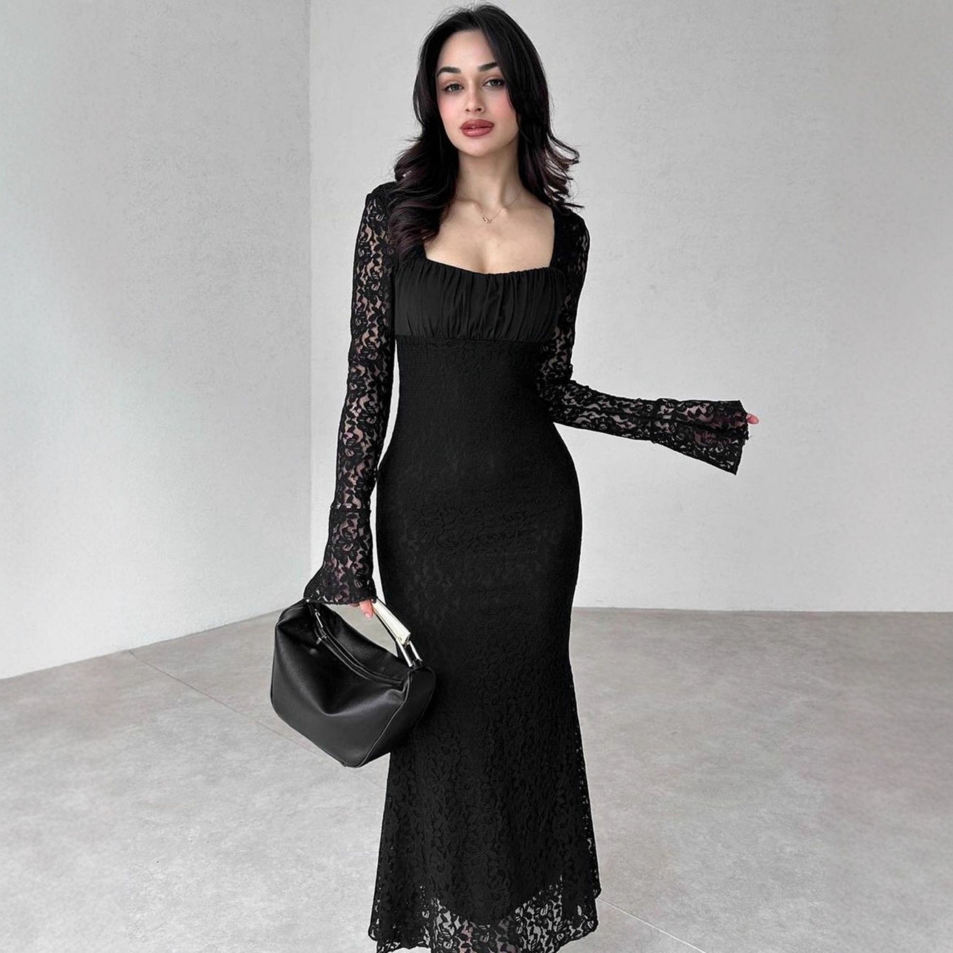 Damen elegantes Spitzenkleid mit langem Arm und figurbetontem Schnitt R&B