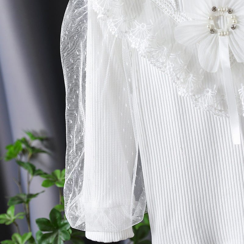 Mädchen Langarmshirt mit elegantem Tüllbesatz und Blumendekor R&B