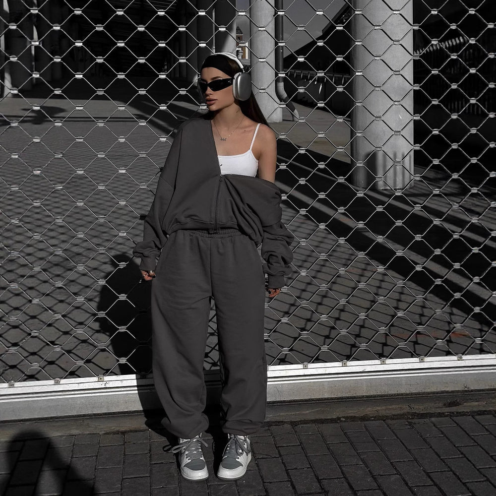 Damen lässiges Lounge-Set mit weiten Hosen und sportlicher Jacke R&B
