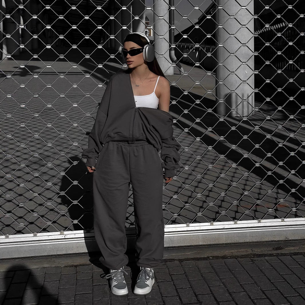 Damen lässiges Lounge-Set mit weiten Hosen und sportlicher Jacke R&B