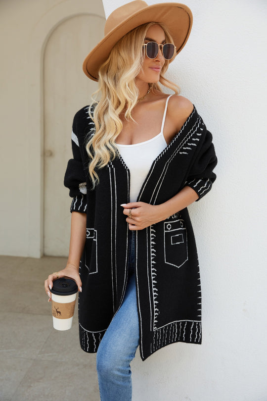 Damen Langarm Cardigan mit grafischem Design und praktischen Taschen R&B