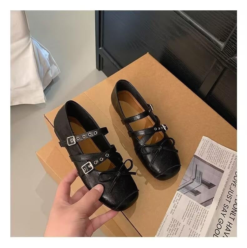 Damen Ballerina-Schuhe mit dekorativen Doppelschnallen und modischen Schleifen R&B
