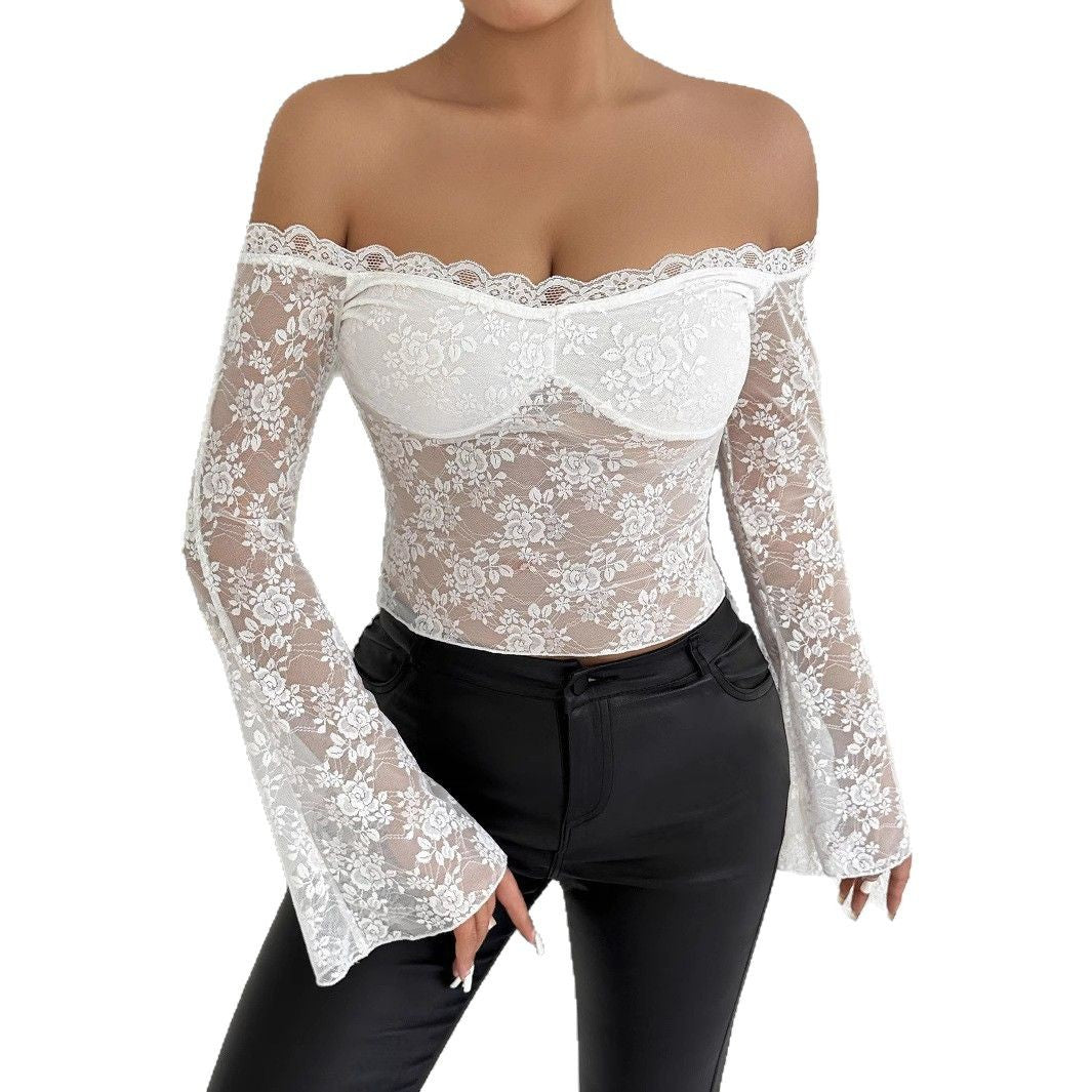 Damen Spitzenoberteil mit schulterfreiem Design und eleganten Trompetenärmeln