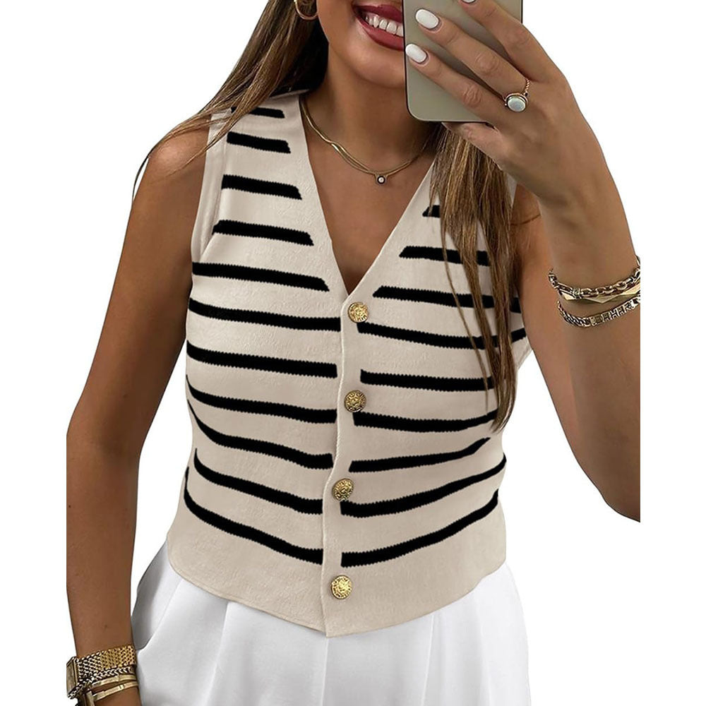 Damen ärmellose Strickweste mit Knopfdetails und Streifenmuster R&B