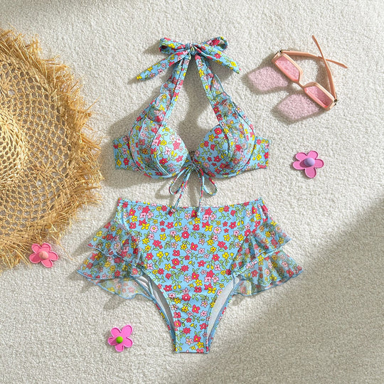 Damen Retro-Bikini-Set mit floralem Design und Rüschendetails R&B