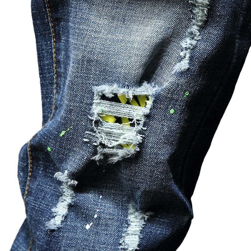 Herren Ripped Slim Fit Jeans mit kreativen Farbklecksen und modischem Destroyed-Look R&B