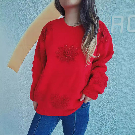Damen Strickpullover mit romantischen Blumenapplikationen und weichem Material R&B