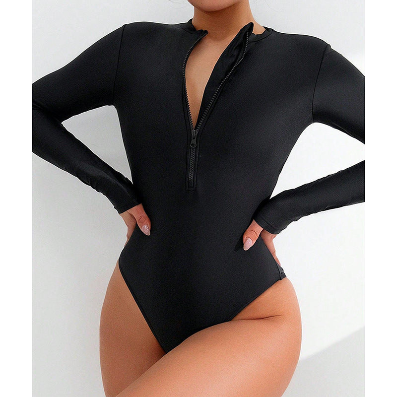 Damen Eleganter Einteiler Badeanzug mit Reißverschluss und langen Ärmeln R&B