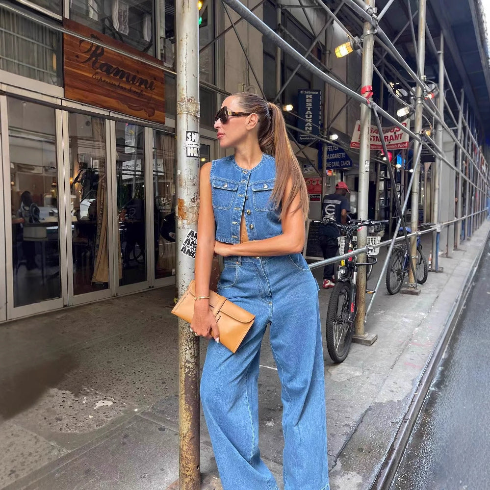 Damen Denim Weste mit stilvollen Taschen und klassischem Knopfverschluss R&B