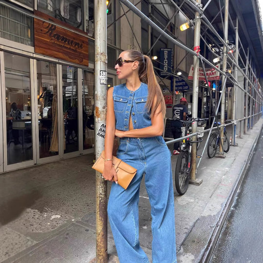 Damen Denim Weste mit stilvollen Taschen und klassischem Knopfverschluss R&B