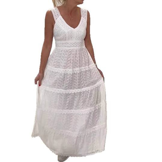 Damen nan ärmelloses Boho-Spitzen-Lagenmaxikleid mit V-Ausschnitt und Empire-Taille R&B