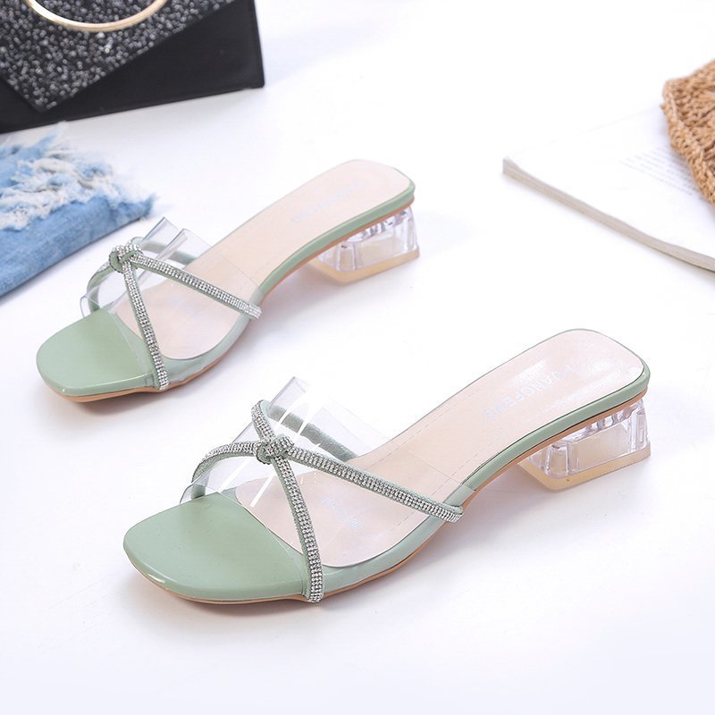 Damen elegante Sling-Sandalen mit transparenten Riemen und funkelndem Akzent R&B