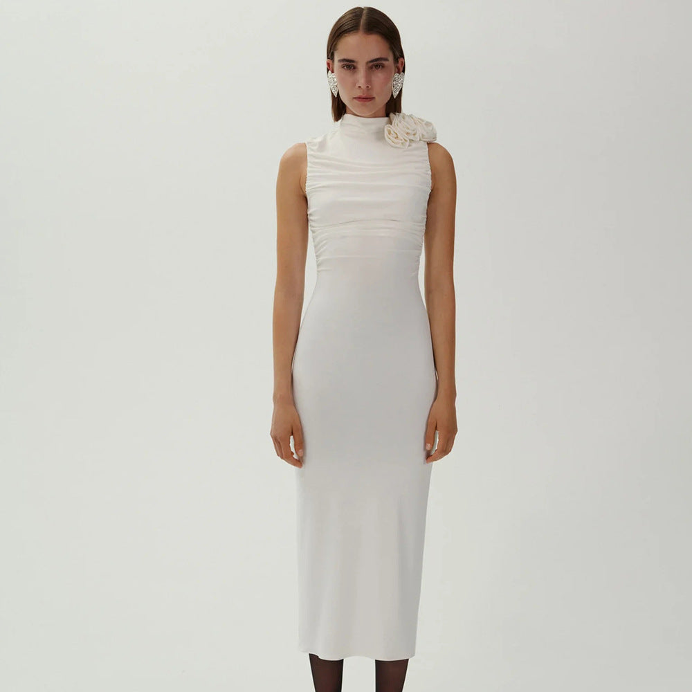 Damen figurbetontes Abendkleid mit asymmetrischem Kragen und floraler Applikation R&B