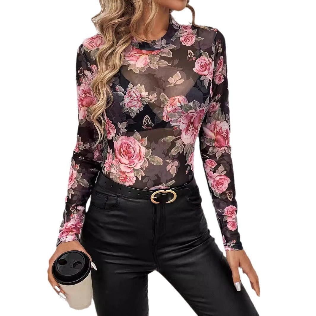 Damen Elegantes Mesh-Top mit floralen Akzenten R&B