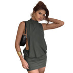 Damen modischer Minikleid mit hochgeschlossenem Kragen und seitlichen Cut-Outs R&B