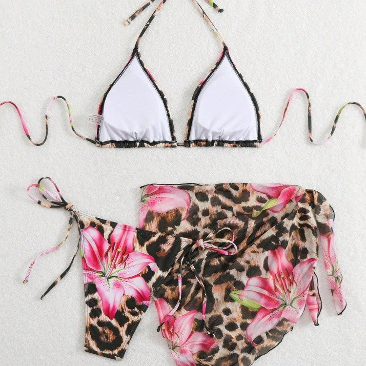 Damen Bikini-Set mit elegantem Leopardenmuster und verspielten Blumendetails R&B