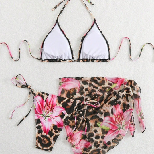 Damen Bikini-Set mit elegantem Leopardenmuster und verspielten Blumendetails R&B