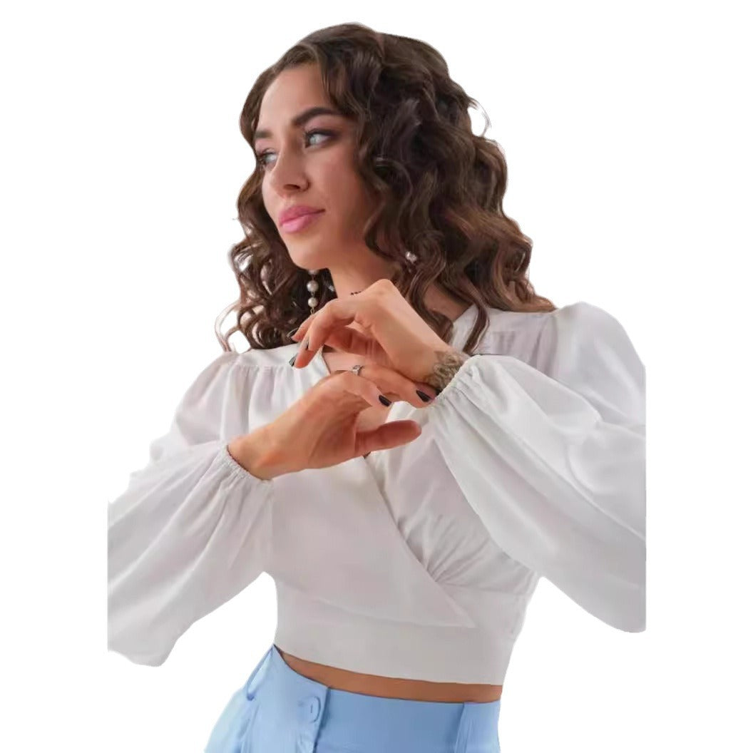 Damen Viskose Wrap-Bluse mit Puffärmel und tiefem V-Ausschnitt R&B