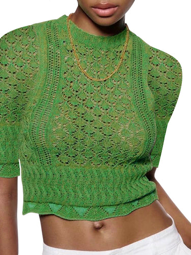 Damen Print Strickoberteil mit luftiger Netzstruktur und modischem Crop-Schnitt R&B