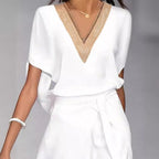 Damen elegantes Kimono-Style Strandkleid mit Gürtel und V-Ausschnitt R&B