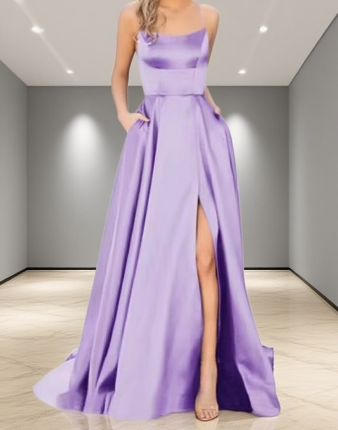 Damen Elegantes Abendkleid mit seitlichem Schlitz und schmalen Spaghetti-Trägern R&B
