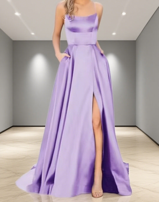 Damen Elegantes Abendkleid mit seitlichem Schlitz und schmalen Spaghetti-Trägern R&B