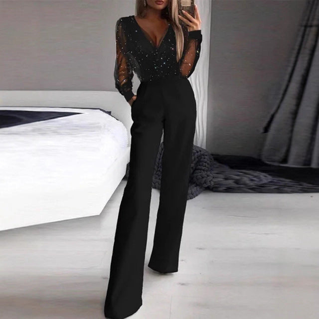 Damen Elegante Jumpsuit mit transparenter Bluse und schimmernden Akzenten EB