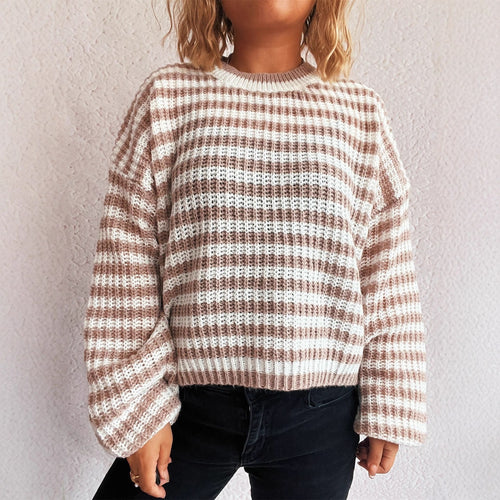 Damen lässiger Strickpullover mit breiten Streifen R&B