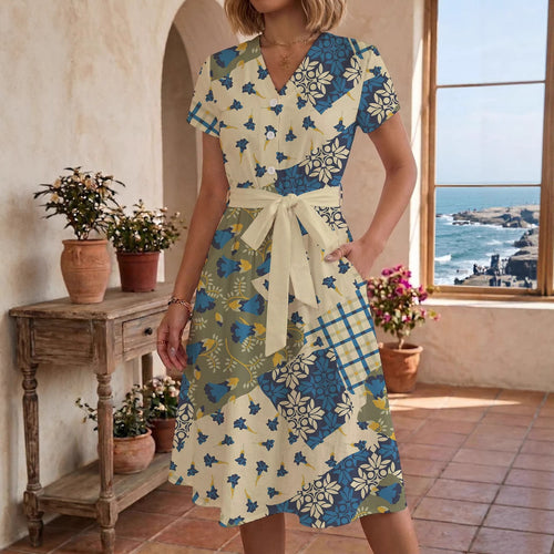 Damen Sommerliches Kleid mit taillierbarem Bindegürtel und floralem Muster R&B