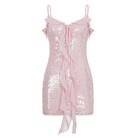 Damen Glitzerndes Partykleid mit Rüschen und Schärpe R&B