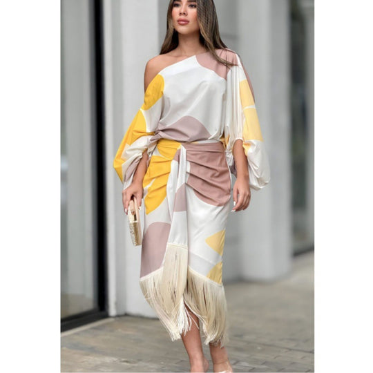 Damen Maxikleid mit Fransen und asymmetrischem Schnitt R&B