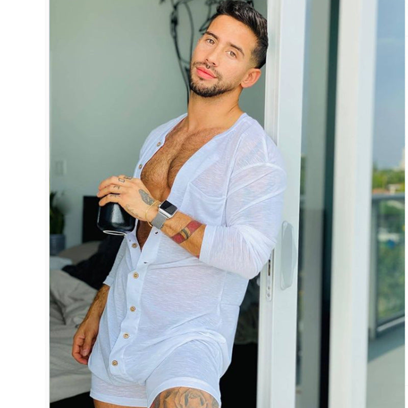 Herren nan komfortabler Kurzoverall mit Rundhalsausschnitt, durchgehender Holzknopfleiste und Brusttasche R&B