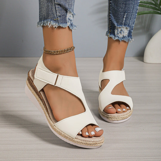 Damen bequeme Keilsandalen mit verstellbarem Riemen und Bastdetails R&B