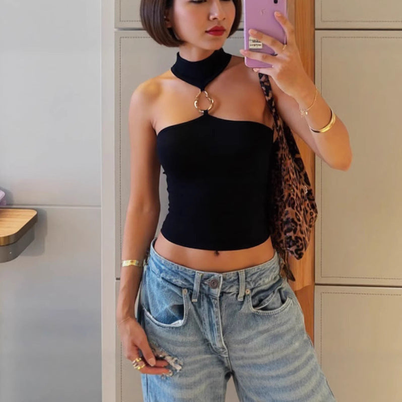 Damen Hochgeschlossenes Crop-Top mit dekorativem Ringdetail R&B