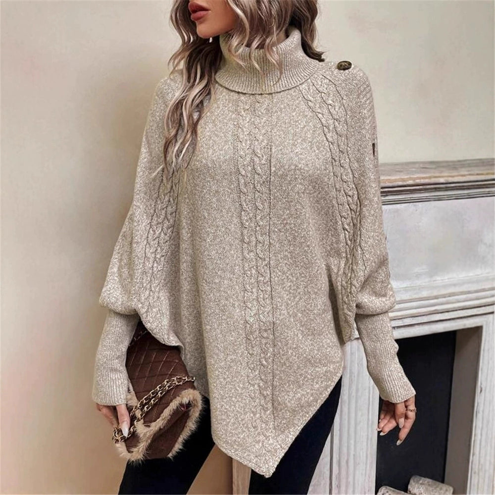 Damen Grobstrick Pullover mit modernem Stehkragen und verspielten Knopfdetails R&B