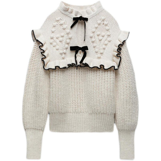 Damen Strickpullover mit eleganter Rüsche und Kapuze R&B