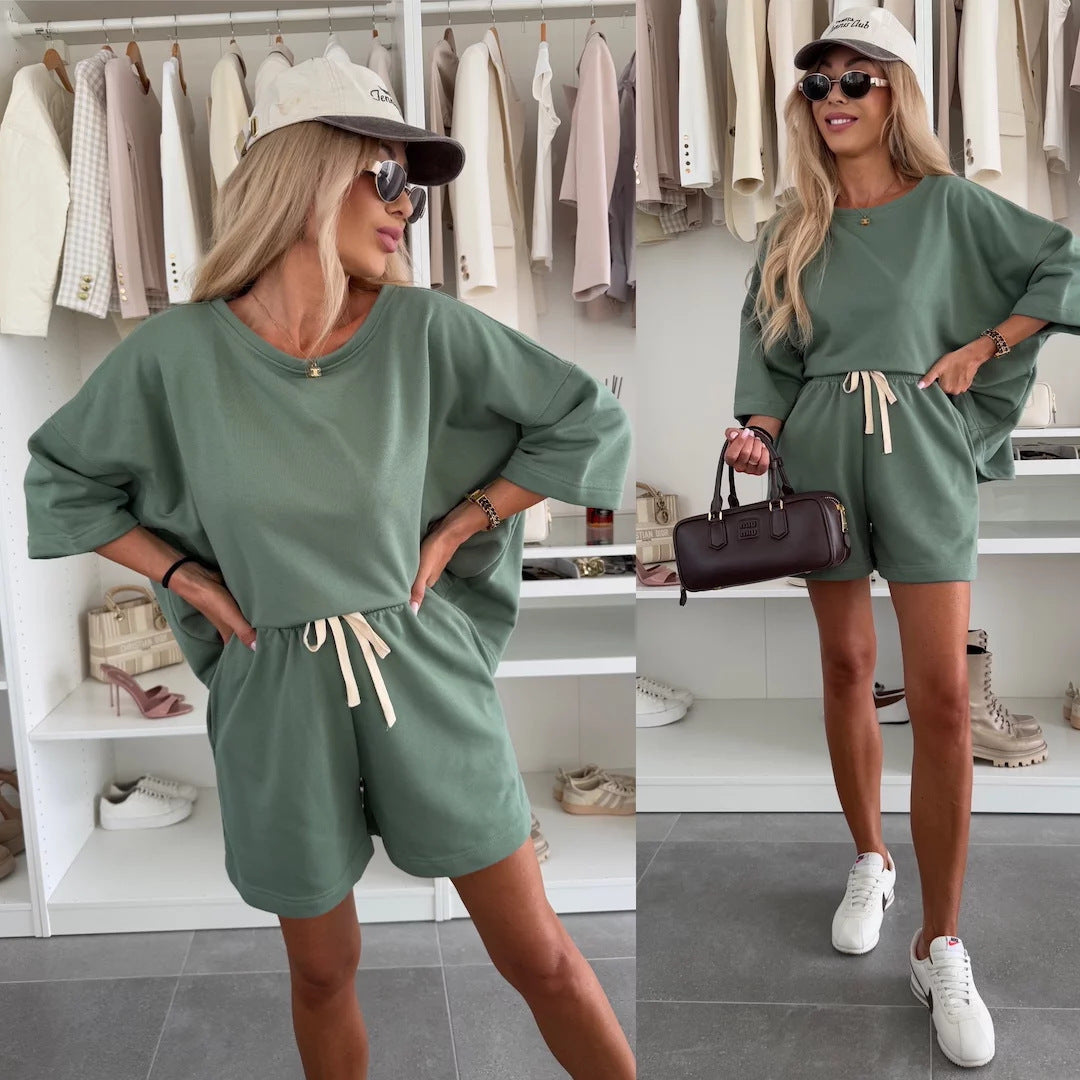 Damen lässiges Set aus Oversize-T-Shirt und Shorts mit verstellbarem Taillenzug R&B