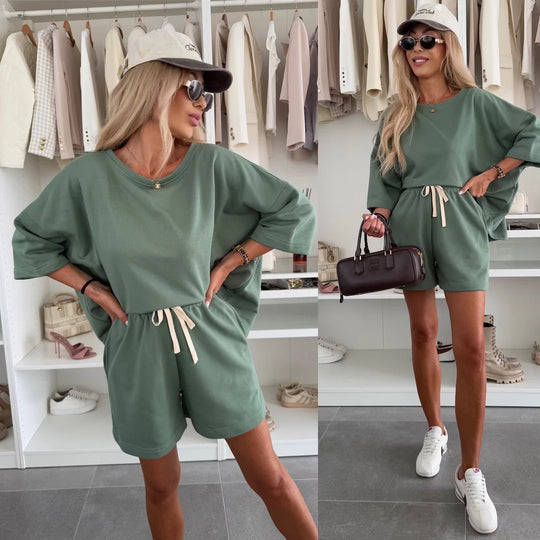 Damen lässiges Set aus Oversize-T-Shirt und Shorts mit verstellbarem Taillenzug R&B