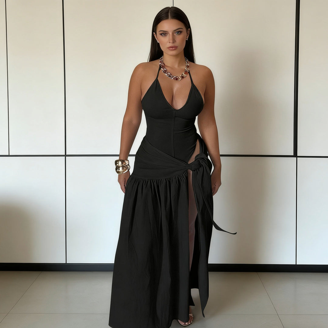 Damen Elegantes Bodenkleid mit Wickeldesign und Raffungen R&B