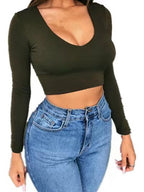 Damen modisches Crop-Top mit tiefem V-Ausschnitt und langen Ärmeln