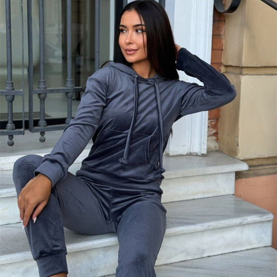 Damen lässiges Fleece-Jogginganzug-Set mit Kapuze und elastischem Bund R&B