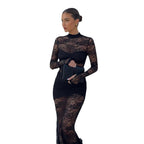 Damen Spitzenmaxikleid mit transparentem Langarmdesign und figurformendem Schnitt R&B