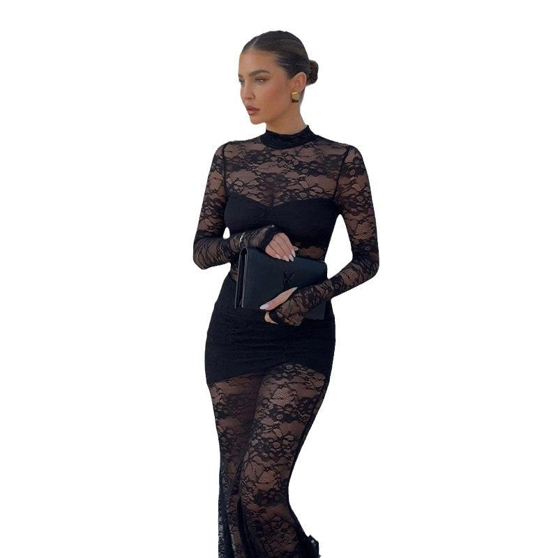 Damen Spitzenmaxikleid mit transparentem Langarmdesign und figurformendem Schnitt R&B