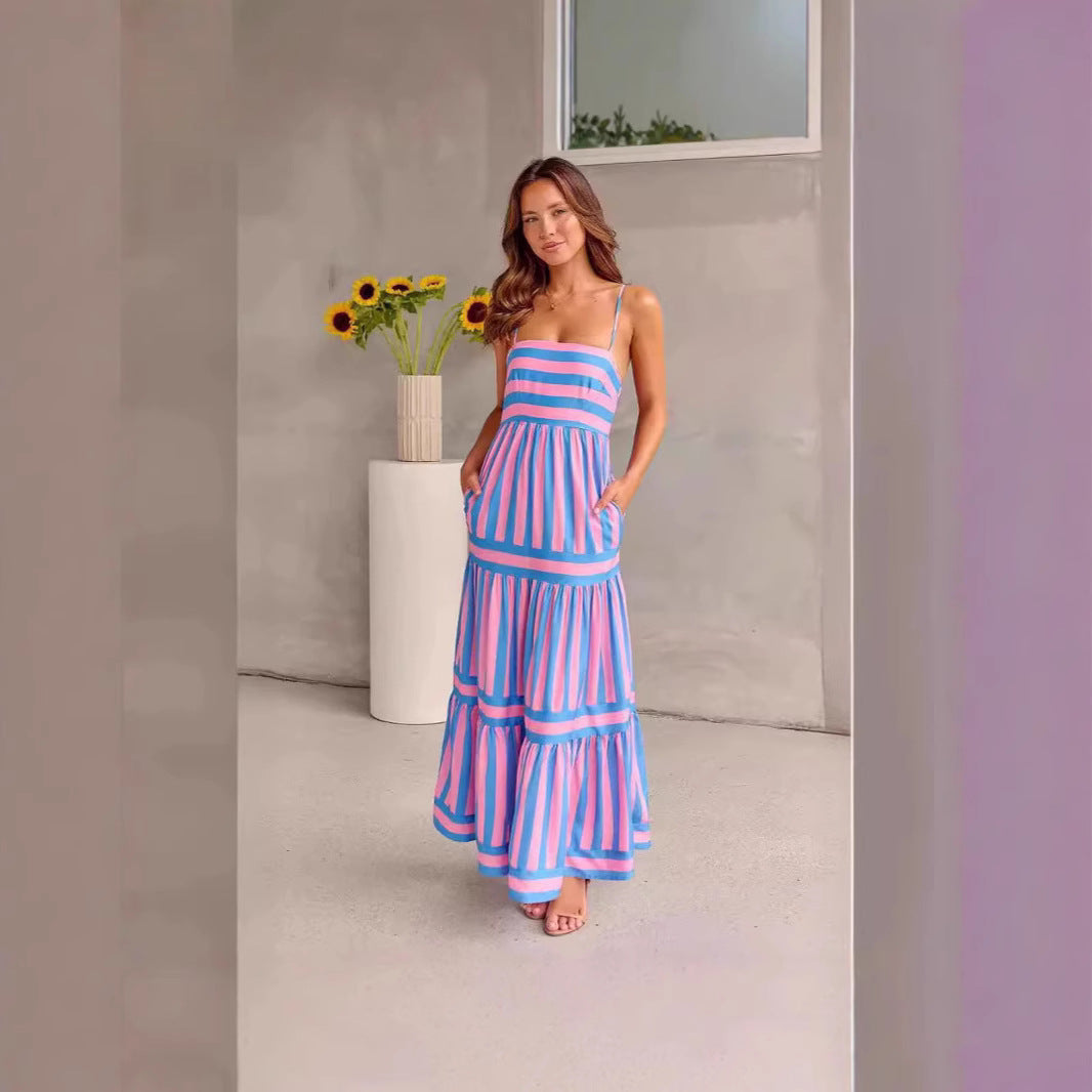 Damen Maxi-Kleid mit Streifenmuster und tiefem Ausschnitt R&B
