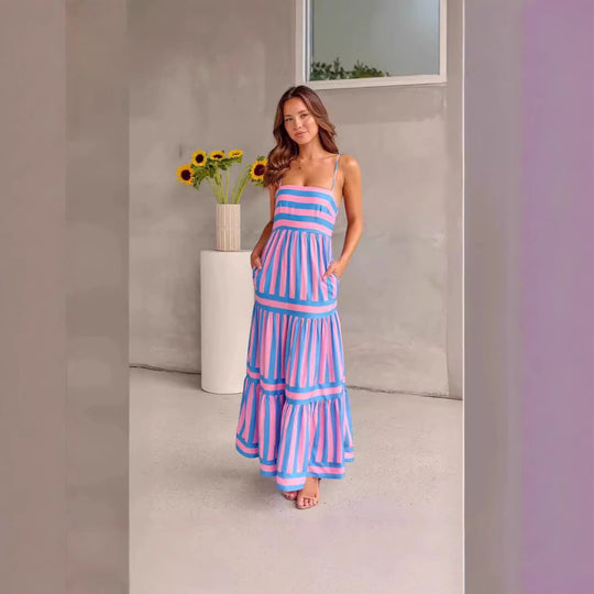 Damen Maxi-Kleid mit Streifenmuster und tiefem Ausschnitt R&B