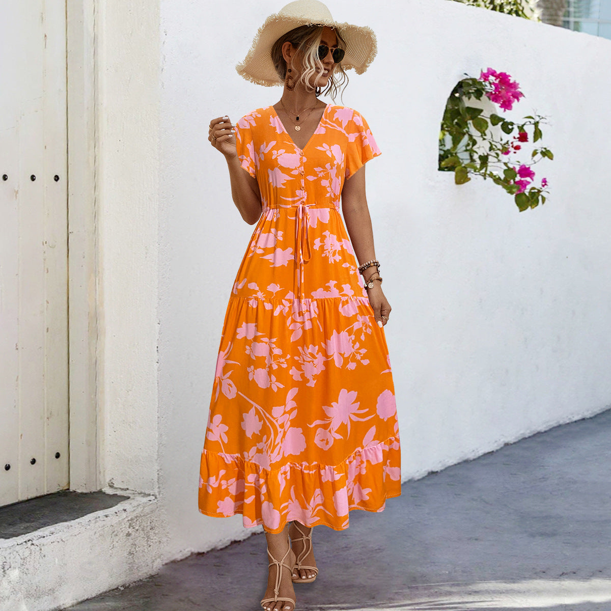 Damen Sommerliches Maxikleid mit floralen Akzenten und fließendem Rock R&B