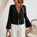 Damen lässige Shirtjacke mit tiefer V-Ausschnitt und Schleifenverschluss R&B