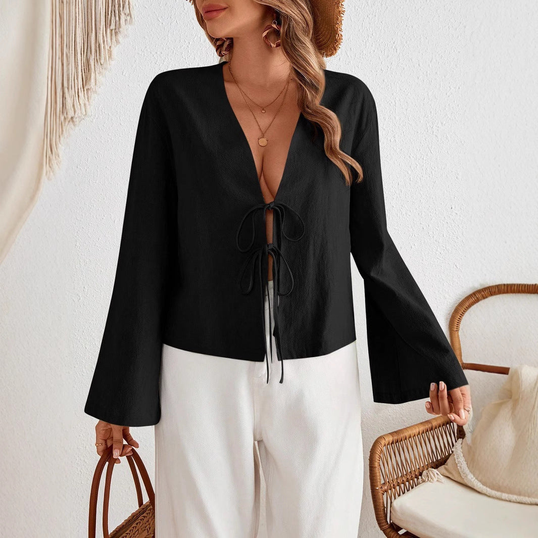 Damen lässige Shirtjacke mit tiefer V-Ausschnitt und Schleifenverschluss R&B