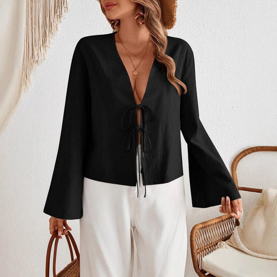 Damen lässige Shirtjacke mit tiefer V-Ausschnitt und Schleifenverschluss R&B